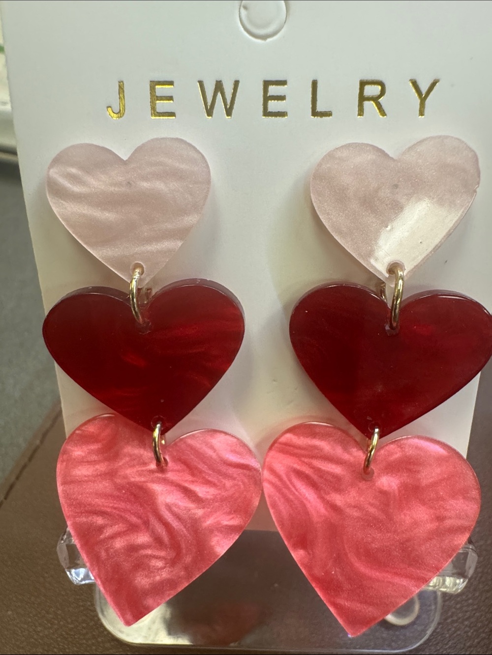Layered Heart Drop Earrings in Pink & Red